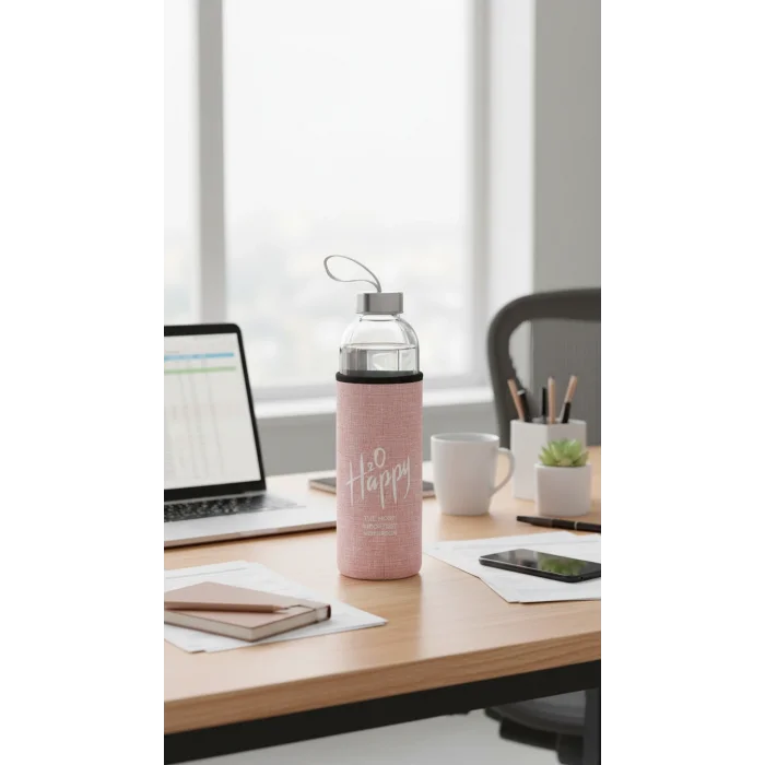 Lüks Şeffaf Kılıflı Cam Matara 500ml – Açık Pembe