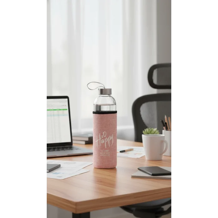 Lüks Şeffaf Kılıflı Cam Matara 500ml – Açık Pembe