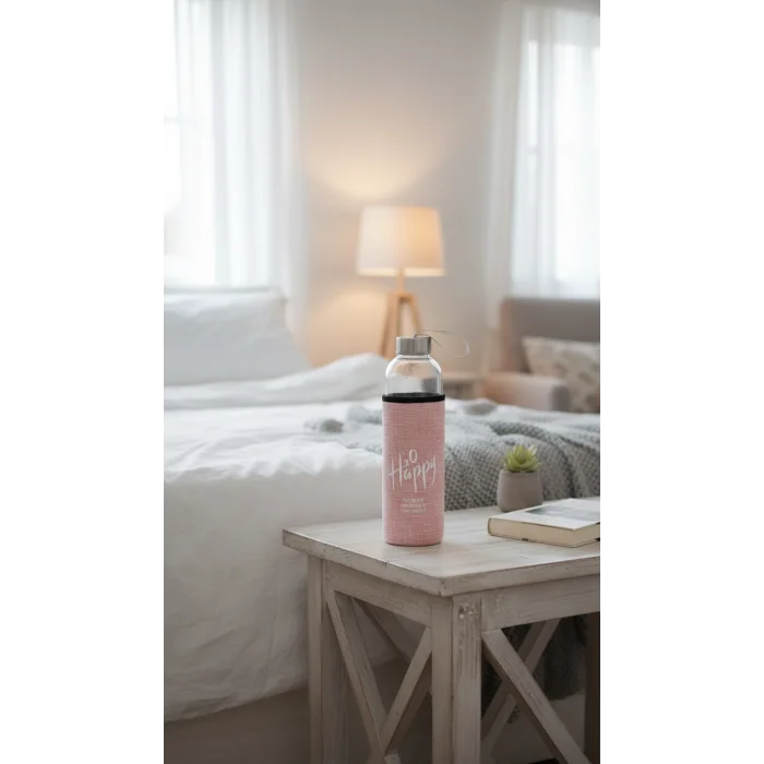 Lüks Şeffaf Kılıflı Cam Matara 500ml – Açık Pembe