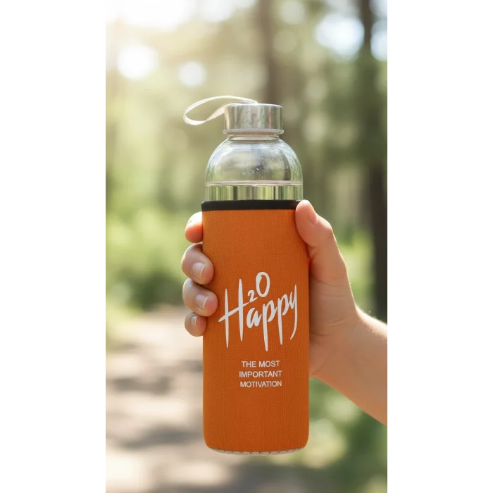 Turuncu Kılıflı Cam Matara 500ml – Şıklık ve Sağlıkta Yeni Başlangıç