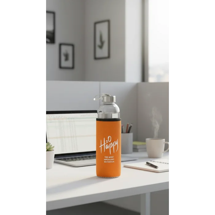 Turuncu Kılıflı Cam Matara 500ml – Şıklık ve Sağlıkta Yeni Başlangıç