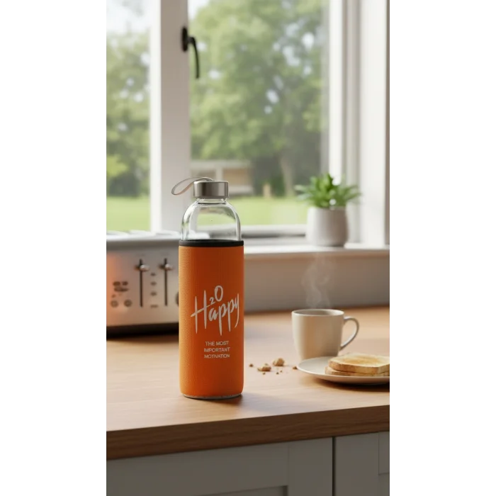 Turuncu Kılıflı Cam Matara 500ml – Şıklık ve Sağlıkta Yeni Başlangıç