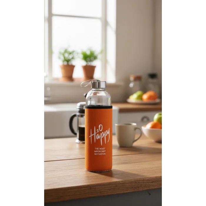 Turuncu Kılıflı Cam Matara 500ml – Şıklık ve Sağlıkta Yeni Başlangıç