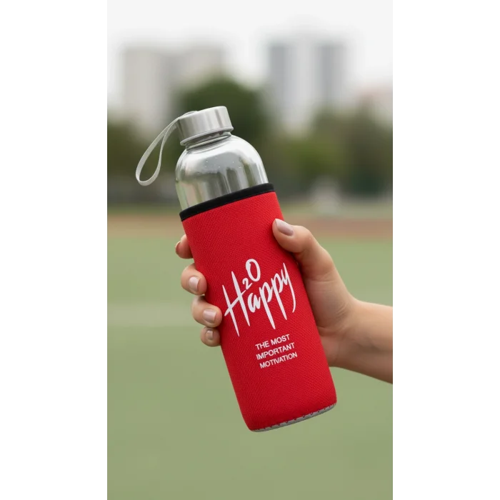 Premium Kılıflı Cam Matara 500 ml – Kırmızı