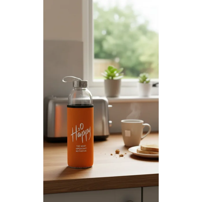 Premium Turuncu Kılıflı Cam Matara 750 ml – Sağlıklı Şıklık