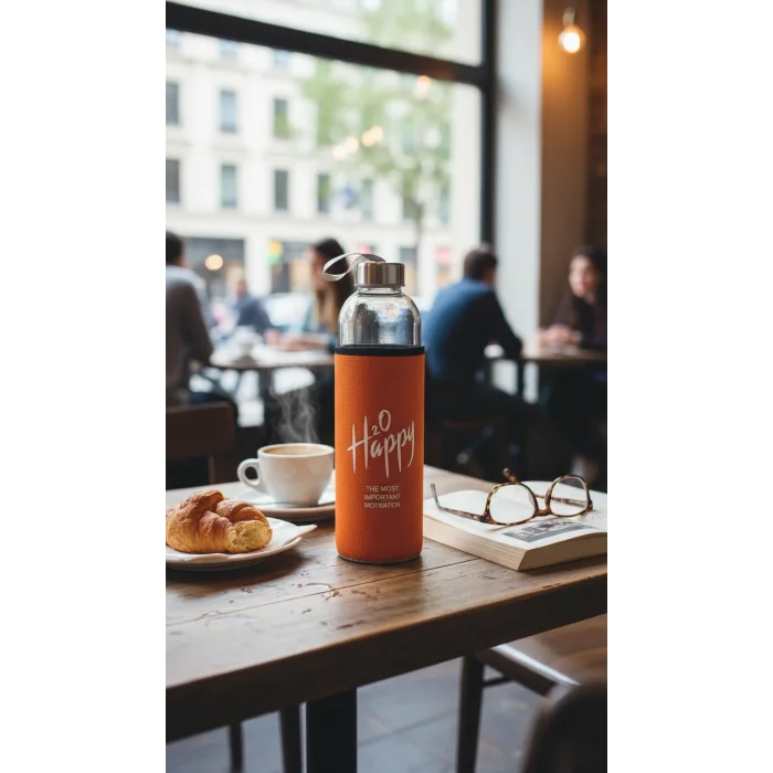 Premium Turuncu Kılıflı Cam Matara 750 ml – Sağlıklı Şıklık