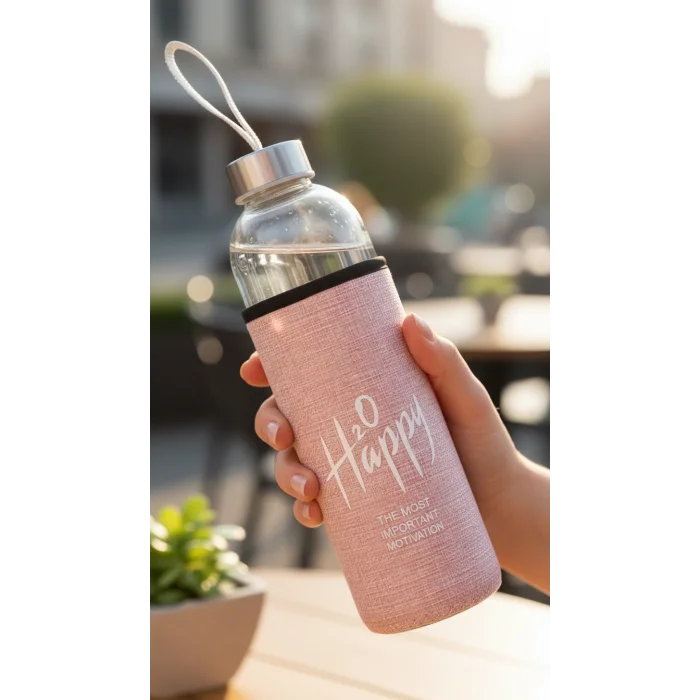 Premium Kılıflı Cam Matara 750 ml – Açık Pembe