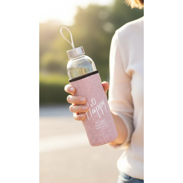 Premium Kılıflı Cam Matara 750 ml – Açık Pembe