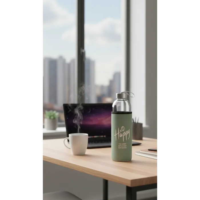 Premium Fıstık Yeşili Kılıflı Cam Matara 750 ml – Lüks ve Sağlıklı Taşıma