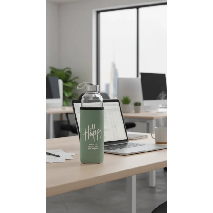 Premium Fıstık Yeşili Kılıflı Cam Matara 750 ml – Lüks ve Sağlıklı Taşıma