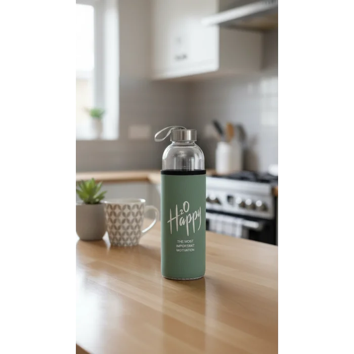 Premium Fıstık Yeşili Kılıflı Cam Matara 750 ml – Lüks ve Sağlıklı Taşıma