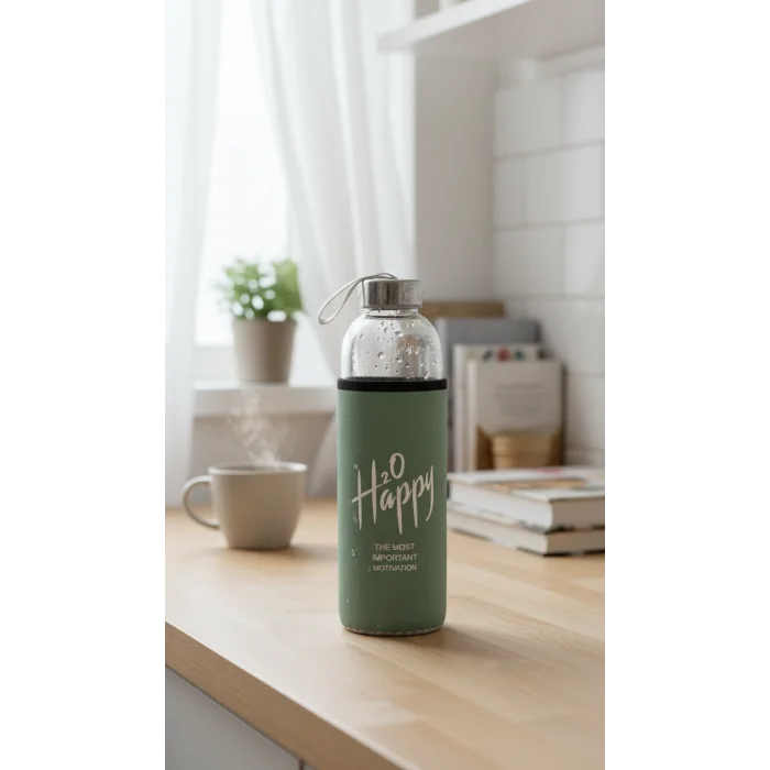 Premium Fıstık Yeşili Kılıflı Cam Matara 750 ml – Lüks ve Sağlıklı Taşıma