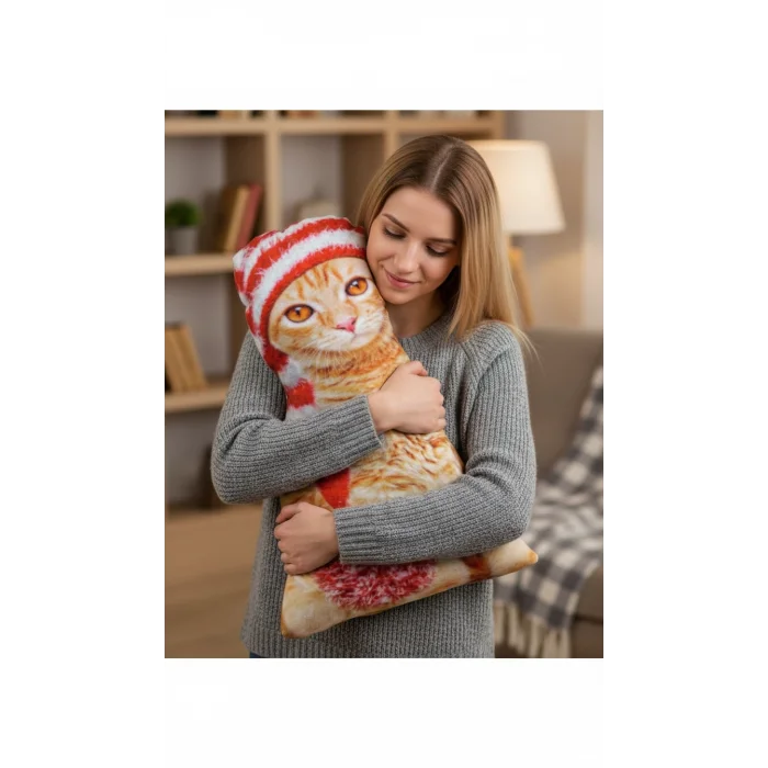 Canlı 3D Lüks Kedi Dekoratif Yastık Sarman