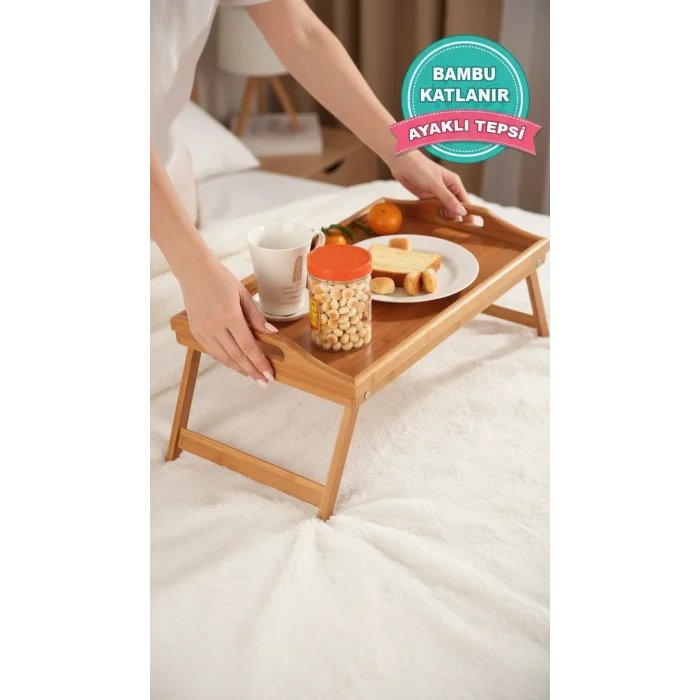 Lüks Bambu Katlanır Ayaklı Sunum Tepsisi – Portatif Kahvaltı & Çay Servisini Yeniden Tanımlayın