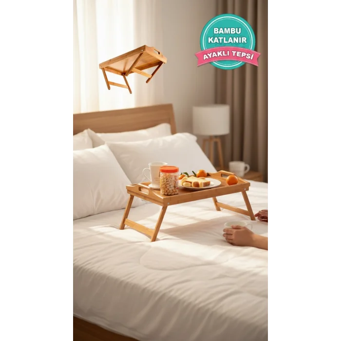Lüks Katlanır Ayaklı Bambu Servis Tepsisi – Yatak & Ev İçin İdeal