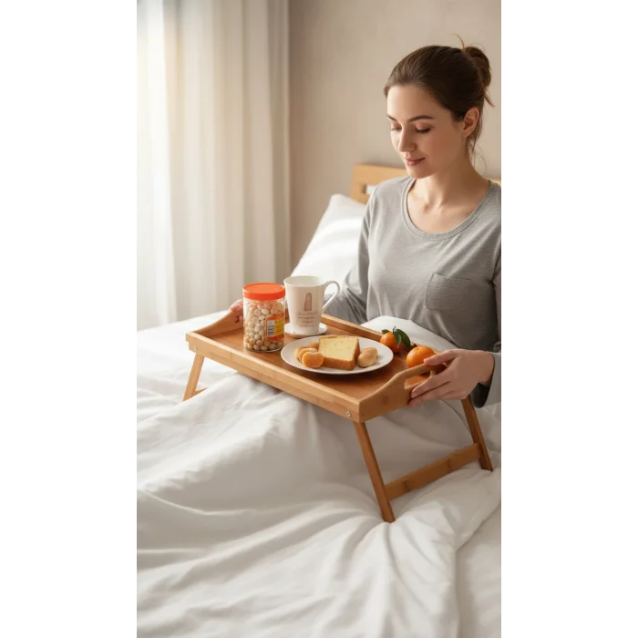 Lüks Katlanır Ayaklı Bambu Servis Tepsisi – Yatak & Ev İçin İdeal