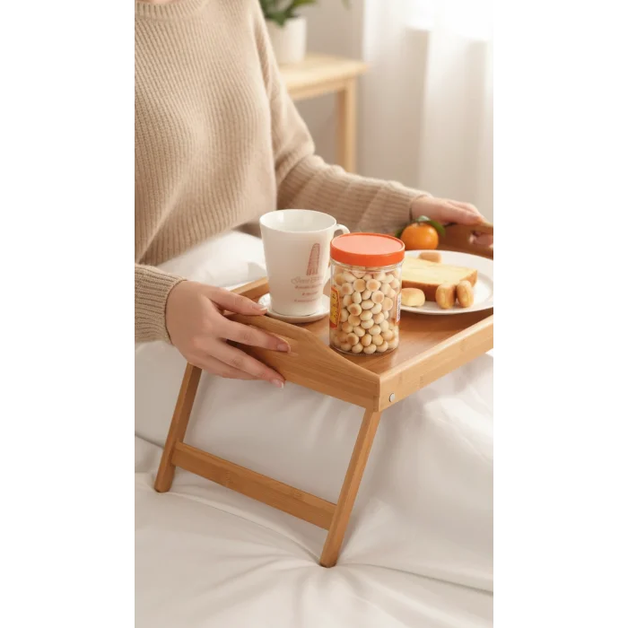 Lüks Katlanır Ayaklı Bambu Servis Tepsisi – Yatak & Ev İçin İdeal