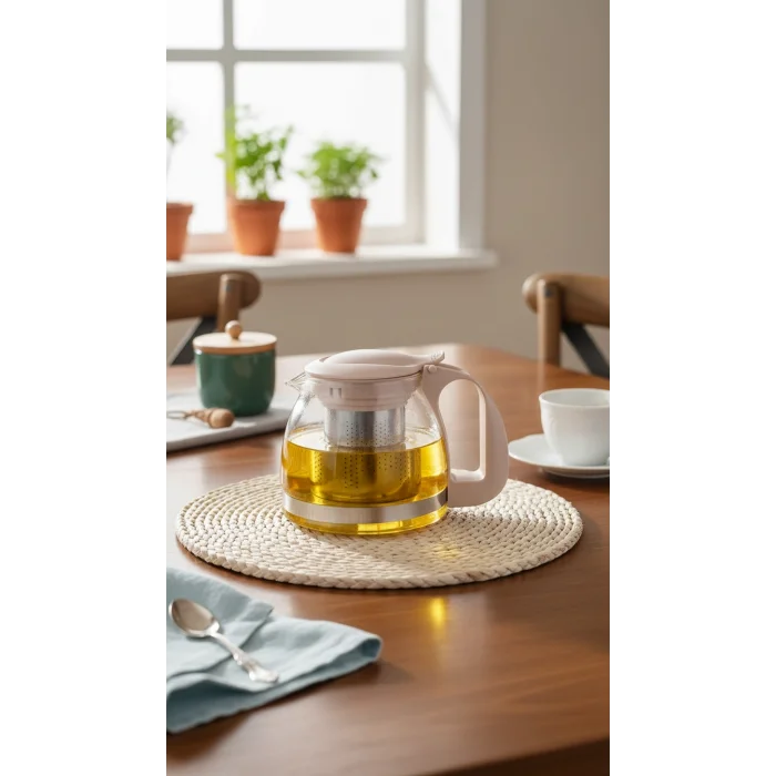 Renkli Süzgeçli Cam Demlik 700 ml -Bej