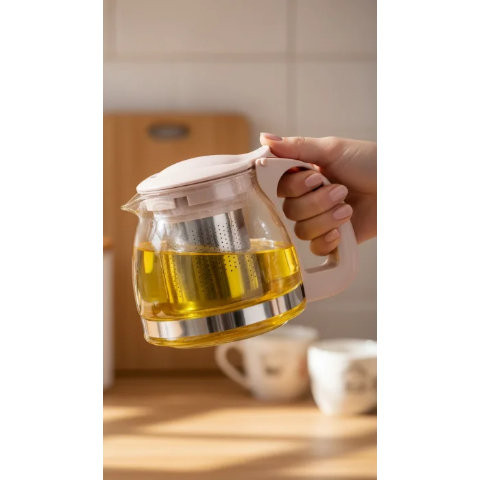 Renkli Süzgeçli Cam Demlik 700 ml -Bej