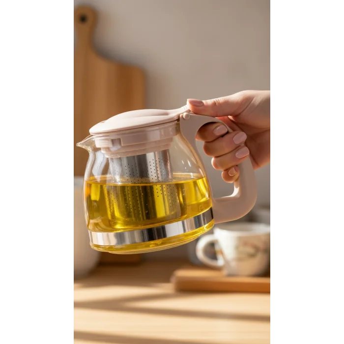 Renkli Süzgeçli Cam Demlik 700 ml -Bej