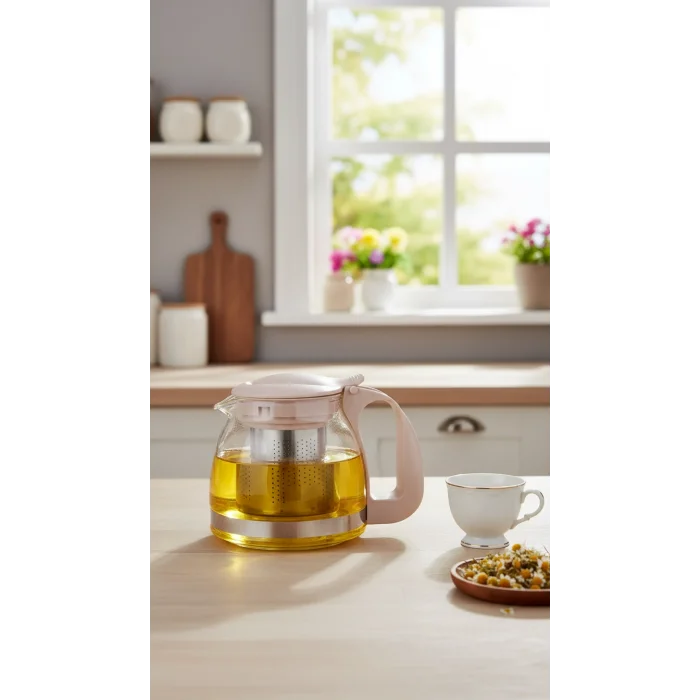 Renkli Süzgeçli Cam Demlik 700 ml -Bej