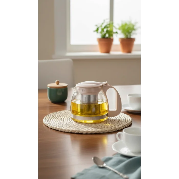 Renkli Süzgeçli Cam Demlik 700 ml -Bej
