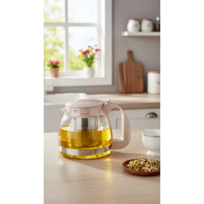 Renkli Süzgeçli Cam Demlik 700 ml -Bej