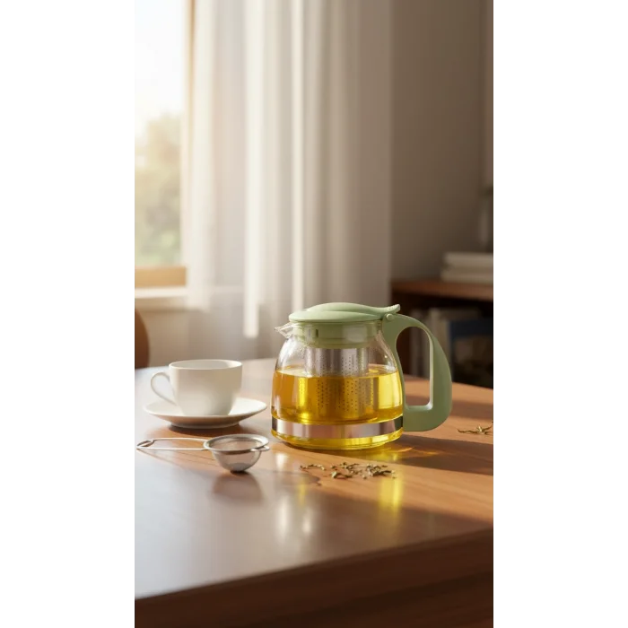 Renkli Süzgeçli Cam Demlik 700 ml - Fıstık Yeşili