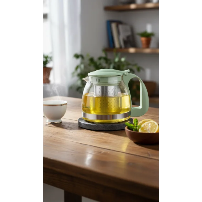 Renkli Süzgeçli Cam Demlik 700 ml - Fıstık Yeşili