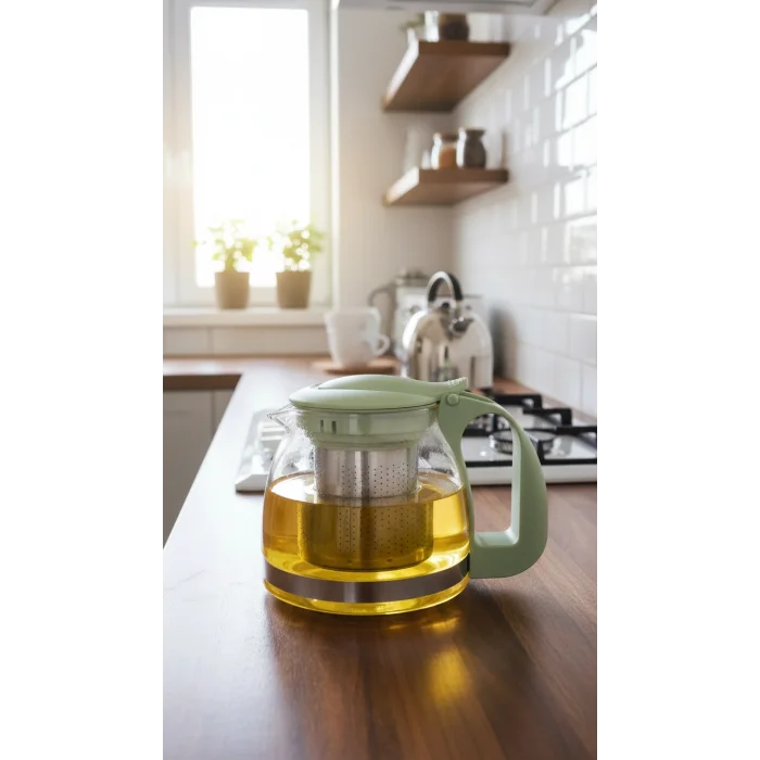 Renkli Süzgeçli Cam Demlik 700 ml - Fıstık Yeşili