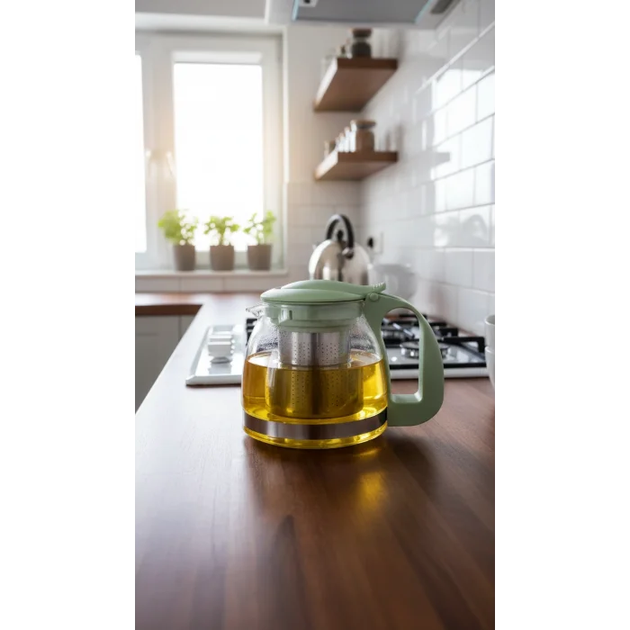 Renkli Süzgeçli Cam Demlik 700 ml - Fıstık Yeşili