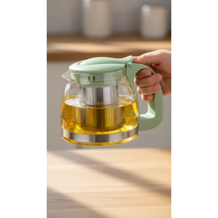 Renkli Süzgeçli Cam Demlik 700 ml - Fıstık Yeşili