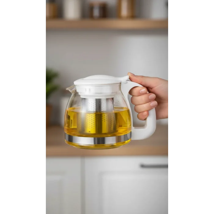 Eşsiz Renkli Süzgeçli Cam Demlik – 700 ml Premium