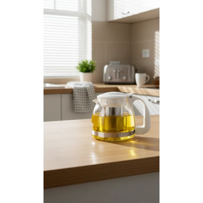 Renkli Süzgeçli Cam Demlik 700 ml - Beyaz