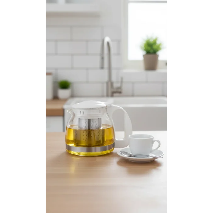 Renkli Süzgeçli Cam Demlik 700 ml - Beyaz