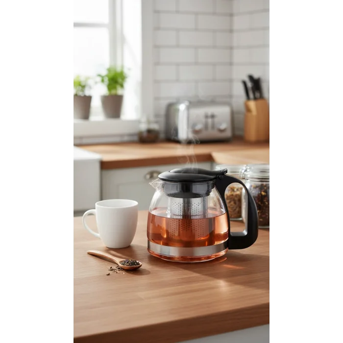 Lüks Renkli Cam Süzgeçli Demlik 700 ml – Modern Şıklık