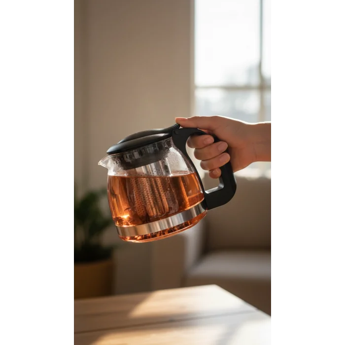 Prestijli Renkli Cam Süzgeçli Demlik 700 ml – Siyah