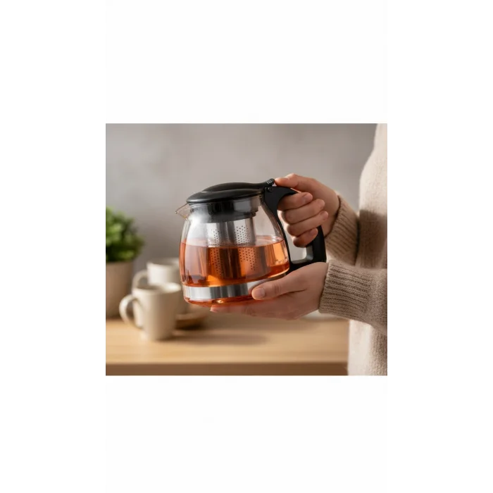 Prestijli Renkli Cam Süzgeçli Demlik 700 ml – Siyah