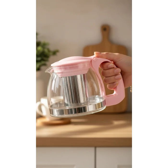 Renkli Süzgeçli Cam Demlik 700 ml - Pembe