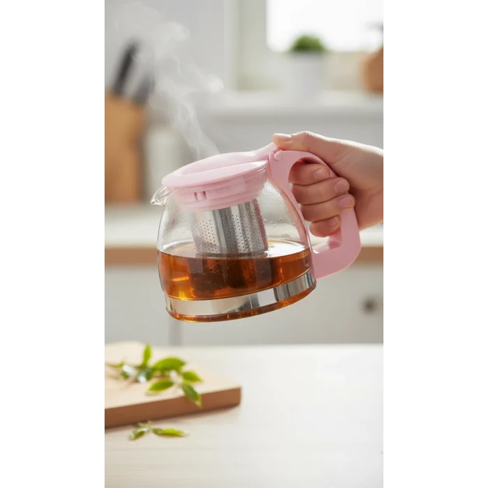 Renkli Süzgeçli Cam Demlik 700 ml - Pembe