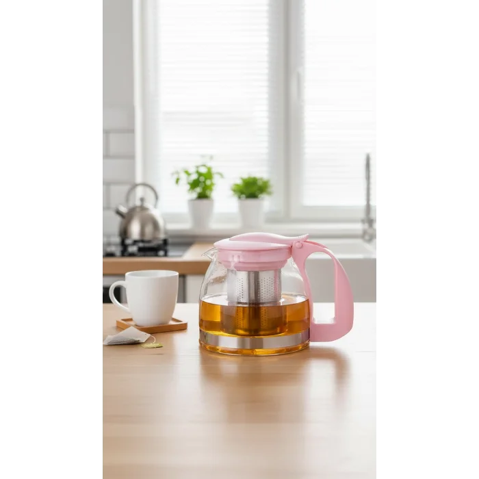 Renkli Süzgeçli Cam Demlik 700 ml - Pembe