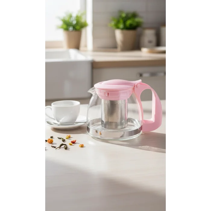 Renkli Süzgeçli Cam Demlik 700 ml - Pembe