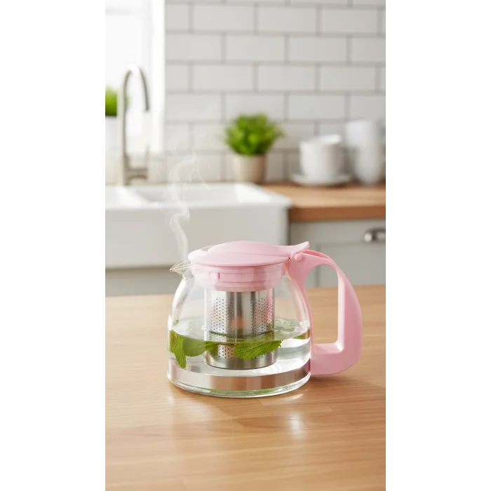 Renkli Süzgeçli Cam Demlik 700 ml - Pembe