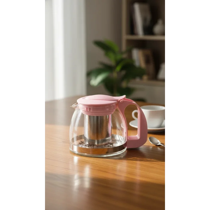 Renkli Süzgeçli Cam Demlik 700 ml - Pembe