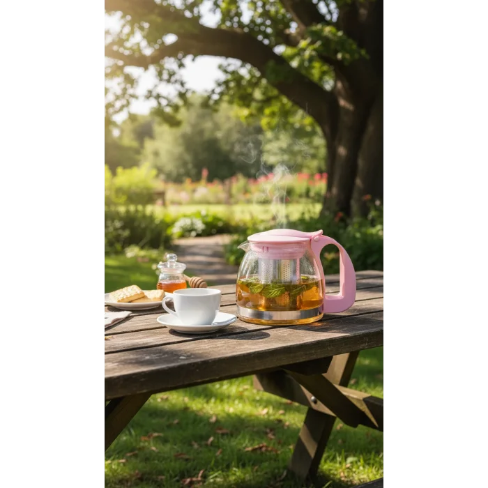 Renkli Süzgeçli Cam Demlik 700 ml - Pembe