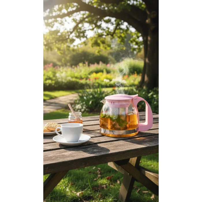 Renkli Süzgeçli Cam Demlik 700 ml - Pembe