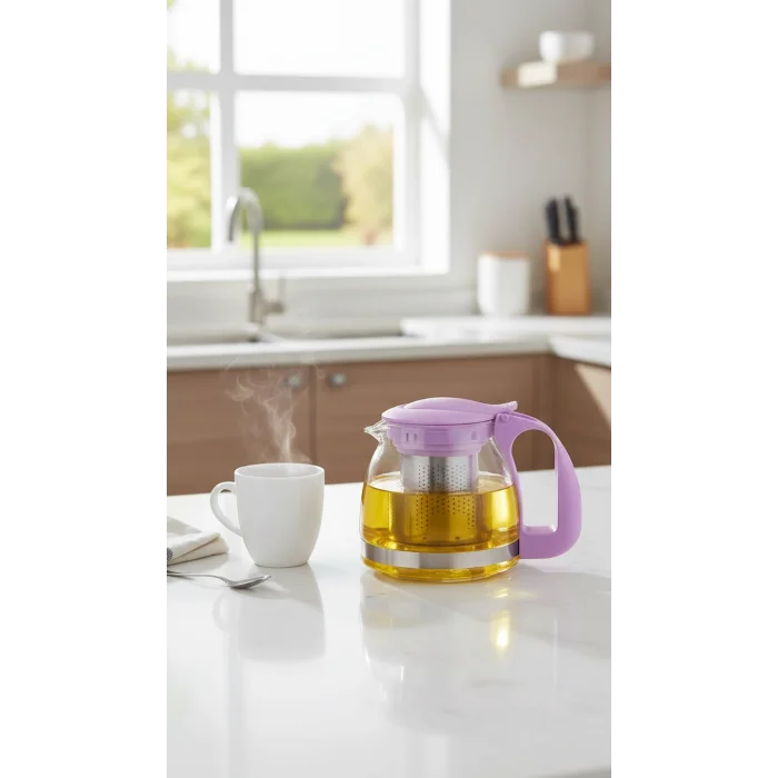 Renkli Süzgeçli Cam Demlik 700 ml - Mor