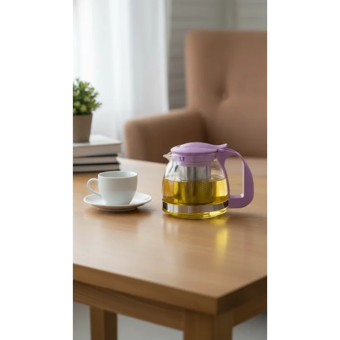 Renkli Süzgeçli Cam Demlik 700 ml - Mor