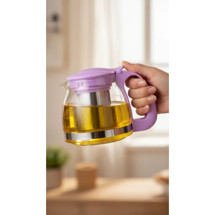 Renkli Süzgeçli Cam Demlik 700 ml - Mor