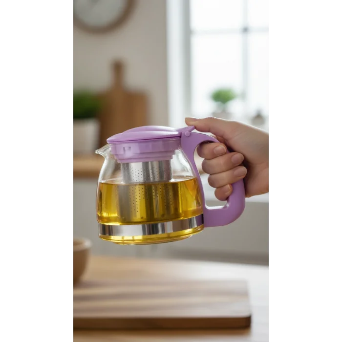 Renkli Süzgeçli Cam Demlik 700 ml - Mor